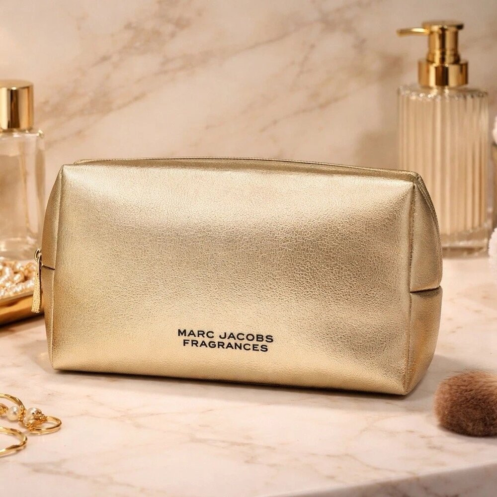 NWT MARC JACOBS FRAGRANCES GOLD FOIL LARGE COSMETIC TOILETRY POUCH